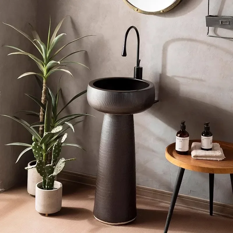 New Black Ceramic Column Wash Outdoor Garden Sink Bathroom Hotel Column Wash Basin retro new room decoration