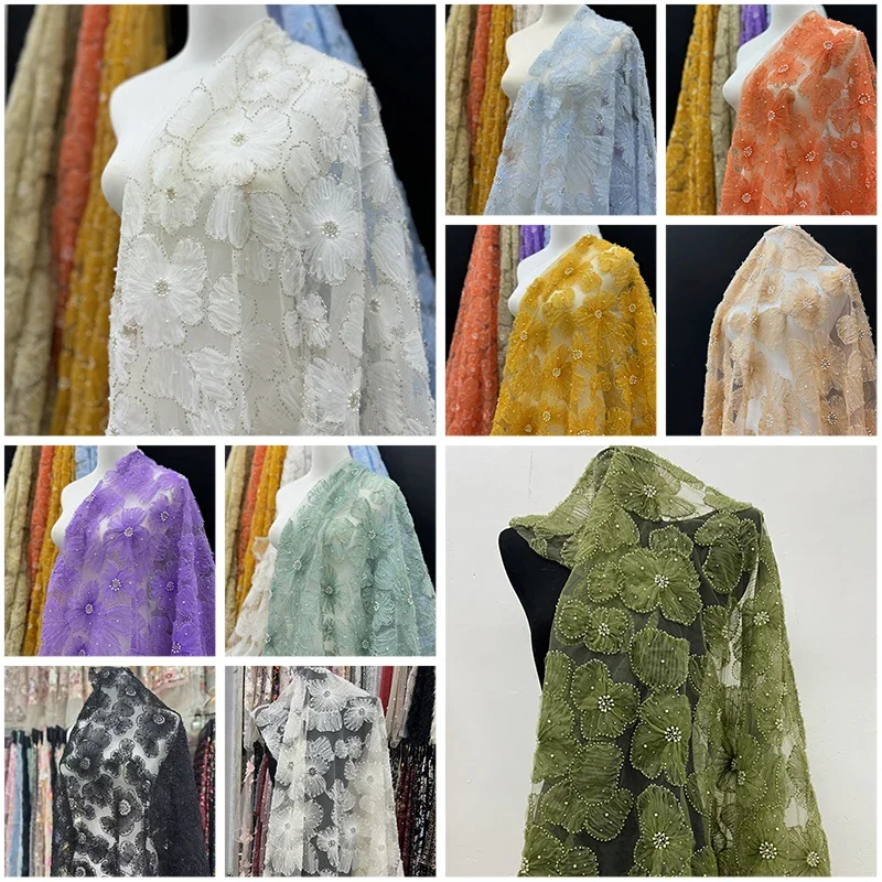 Heavy Duty 3D Beaded Embroidery Fabric Floral Lace with Silver Beads for Womens Cheongsam Wedding Dress Stage Costume DIY Sewing