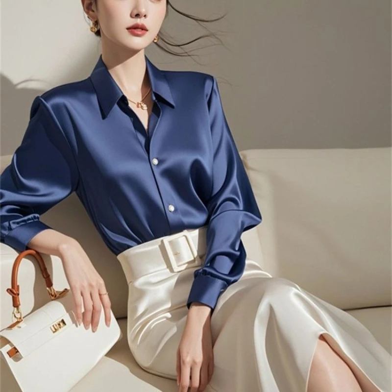 

Summer Woman Silk Shirt Long Sleeve Satin Women Blouse Mulberry Silk Blouse Loose Versatile Base Shirts Office Lady OL Shirt