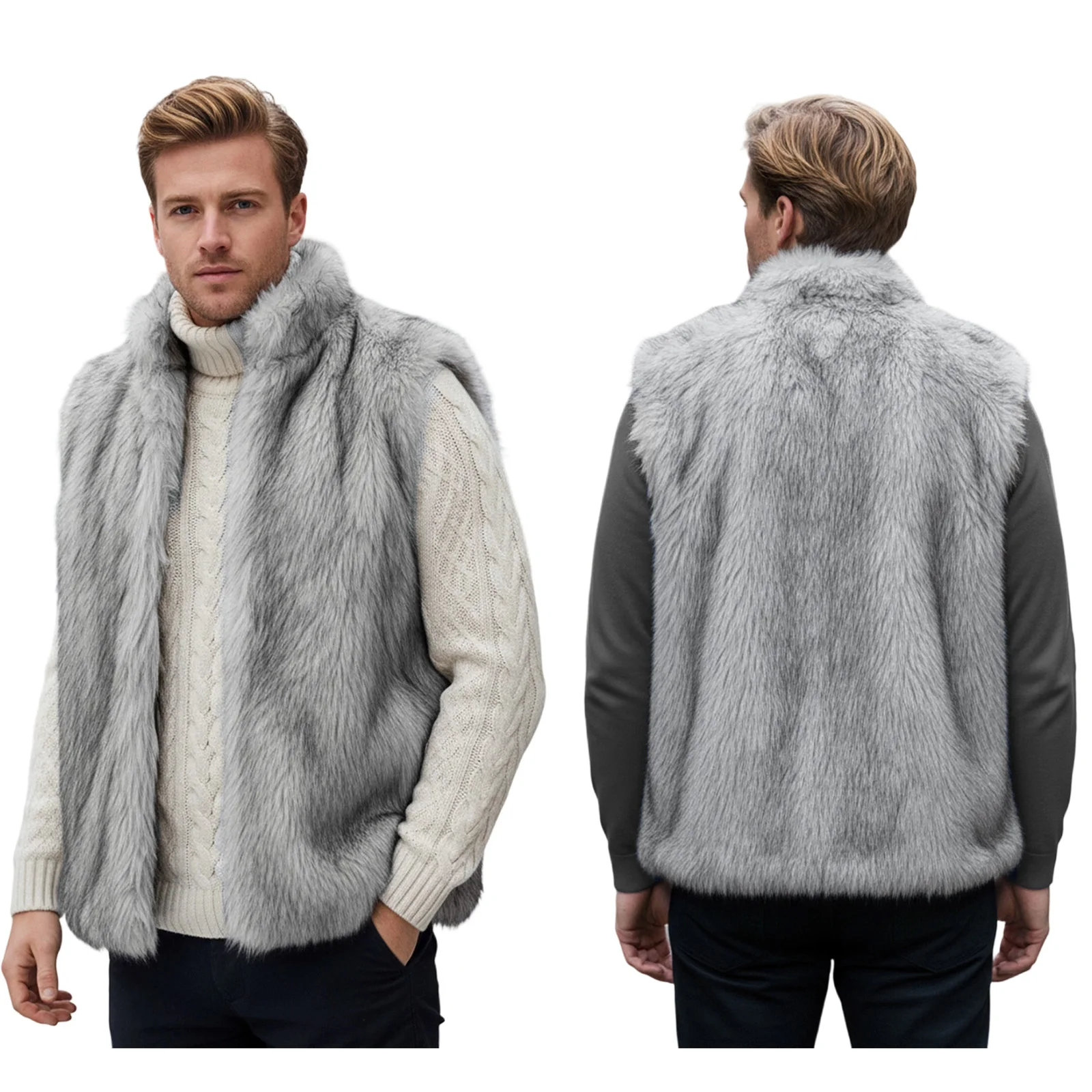 2027 Winter Male Faux Fur Sleeveless Coat Fashion Men's Warmer Loose Contrast Stand Collar Warm Furry Winter Vests Jacket