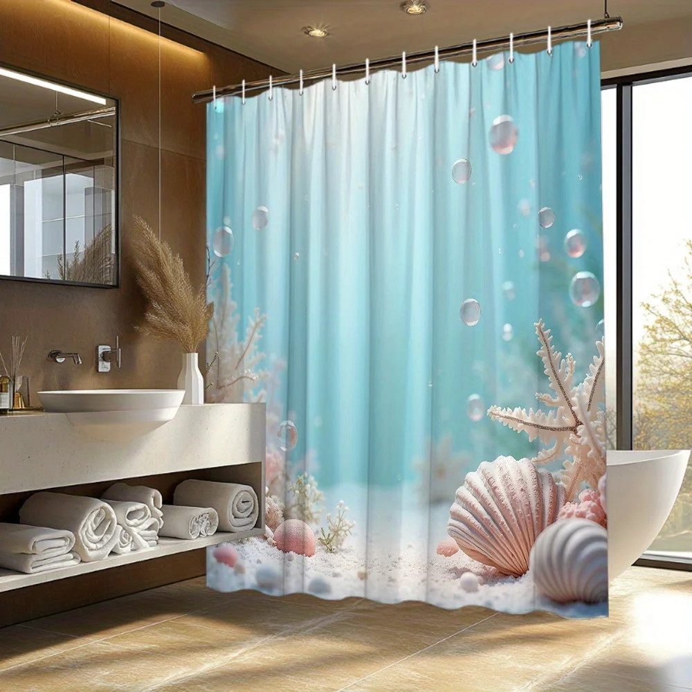 

1 шт. Занавеска для душа Oceanic Pastel Seashell & Coral — светло-голубая с пузырьками, морской звездой и коралловым дизайном, включает 12 крючков, 70 шт.