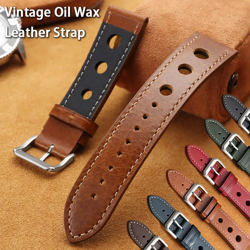 Vintage Oil Wax Leather Watch Band 20mm 22mm Breathable Perforated Cowhide Strap Hand-Stitched Durable Sport Universal Bracelet