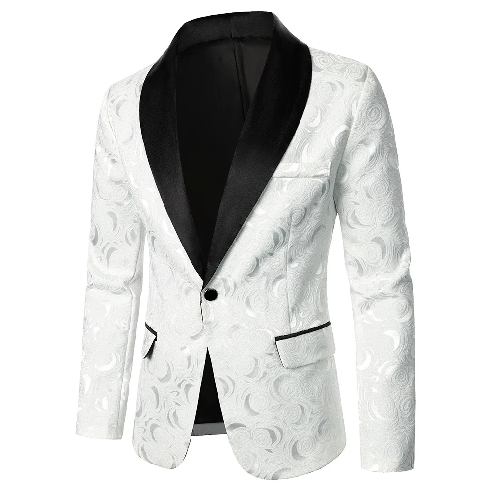 Abrigo de traje de tela Jacquard brillante para hombre, Blazer ajustado, diseño de lujo, rosa, cuello de Color de contraste, fiesta, moda informal