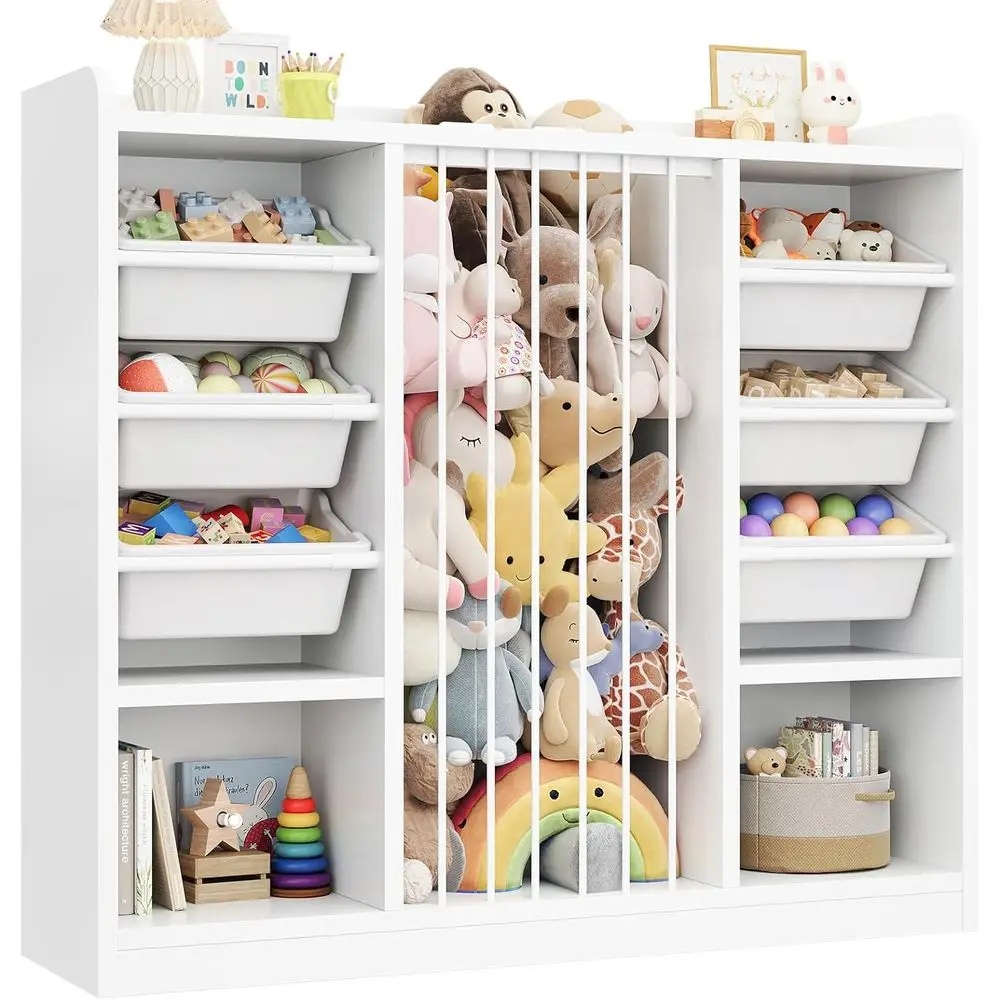 

6-Bin Plastic Storage Organizer with 2 Open Shelves, Toddler Animal Toy Box, Kids Room Playroom Storage Cabinet (White)
