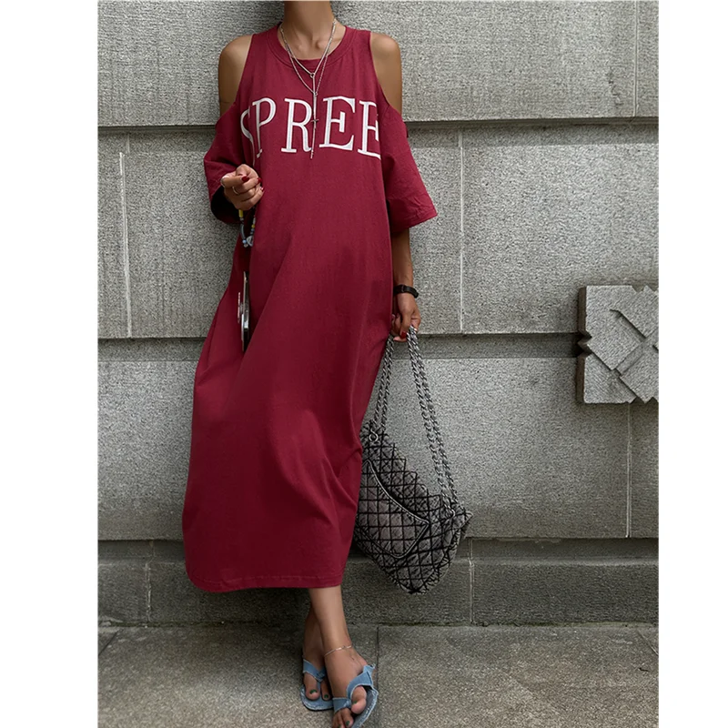 High Street Off Schouder Losse T-shirt Jurk Zomer Nieuwe Korte Mouw Plus Size Casual Lange Jurk Vintage Mode Dameskleding