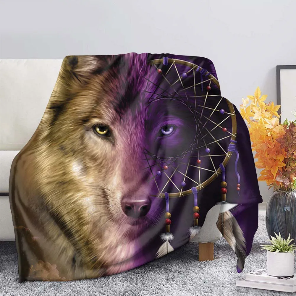 Cute 3D Wolf Printed Sherpa Throw Blanket For Sofa Bed Couch Quilt Cover Travel Bedding Plush Fleece Blankets for Beds Adults