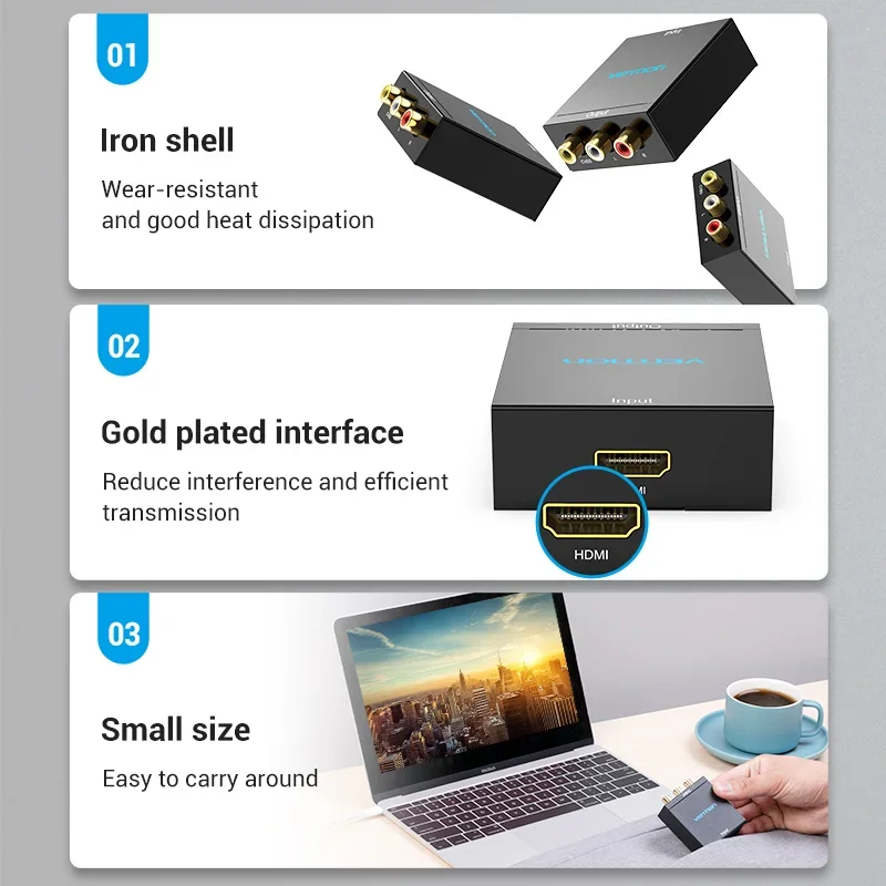 محول Vention HDMI إلى AV إلى محول فيديو RCA CVBS L/R 1080P HDMI مع كابل طاقة USB صغير لصندوق التلفزيون AV HDMI