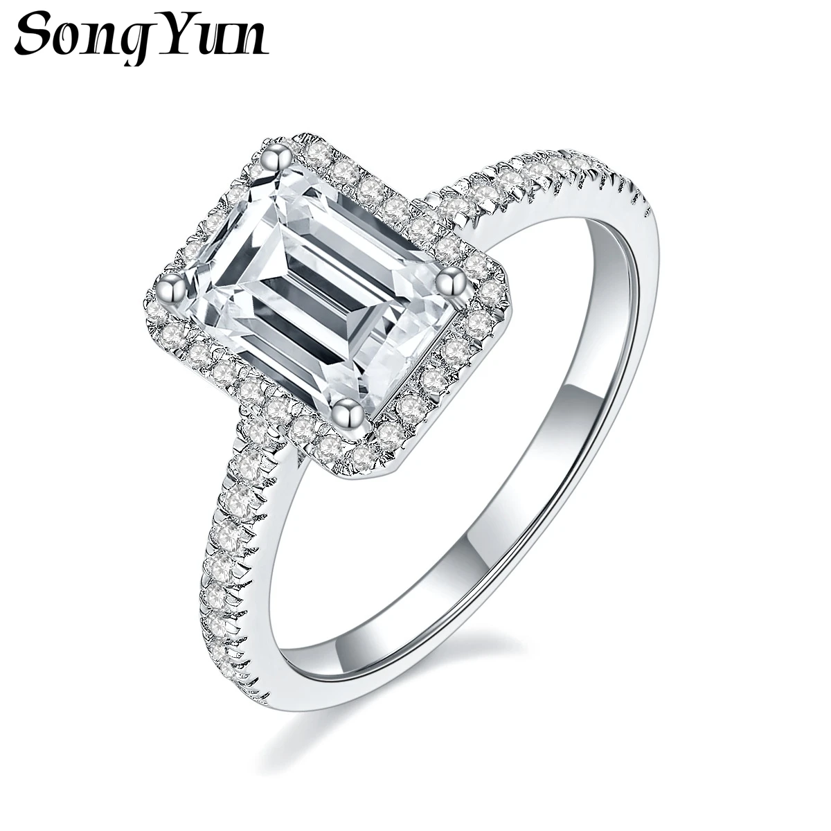 SONGYUN Moissanite Diamond Jewelry 68mm Emerald Cut Moissanite Ring for Women S925 Sterling Silver Plated with 18K Gold