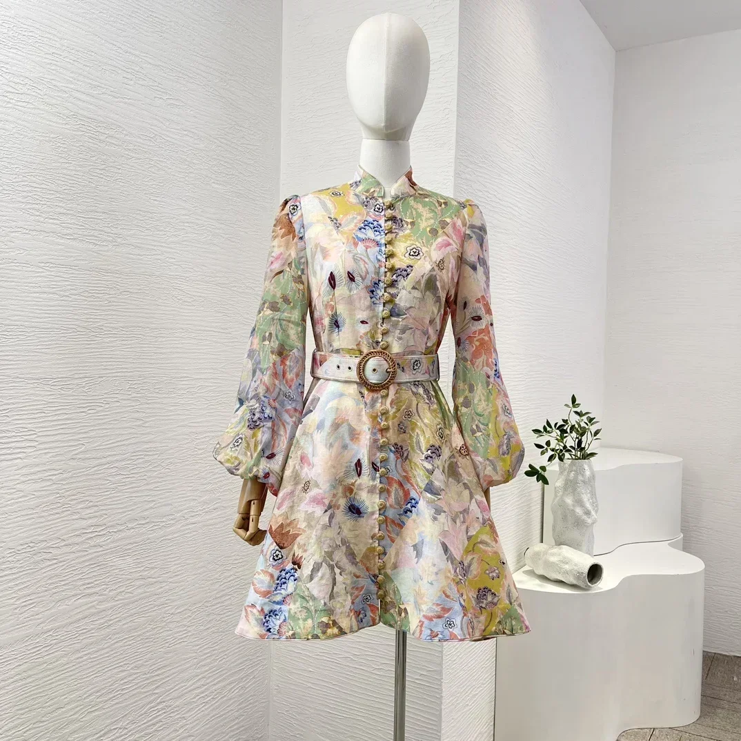 

Multi-color Women Hand-painted Print Full Lantern Sleeve Pure Linen New 2024 Belted High Quality Mini Dress