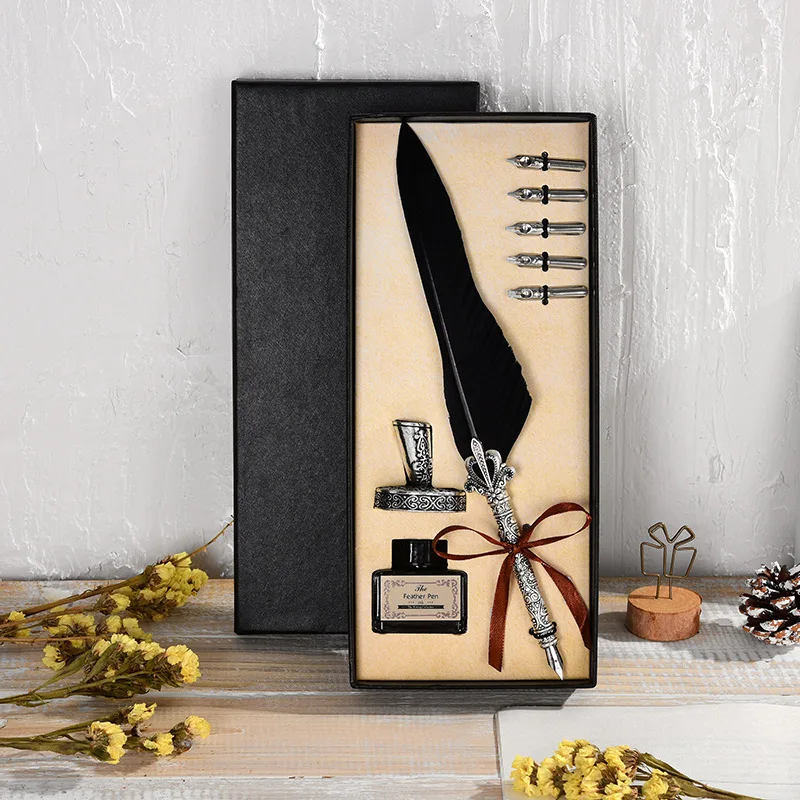 Retro Calligraphy Feather Dip Pen Set with Vintage Writing Ink Quill Seal Stamp Kit for School And Office Stationery Supplies