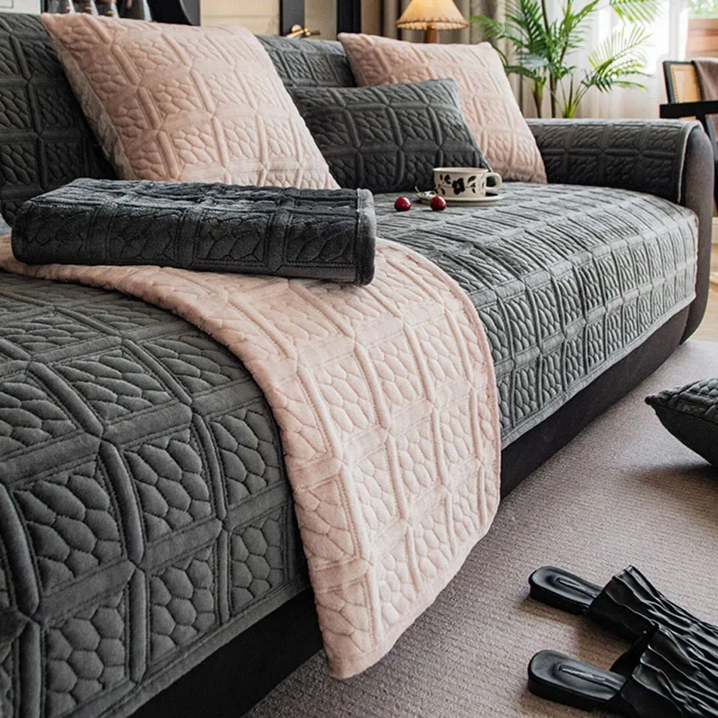 Milk Velvet Wheat Field Pattern Sofa Cushion Retro Solid Checkered Jacquard Corner Couch Covers Cozy Home Decor for Living Room