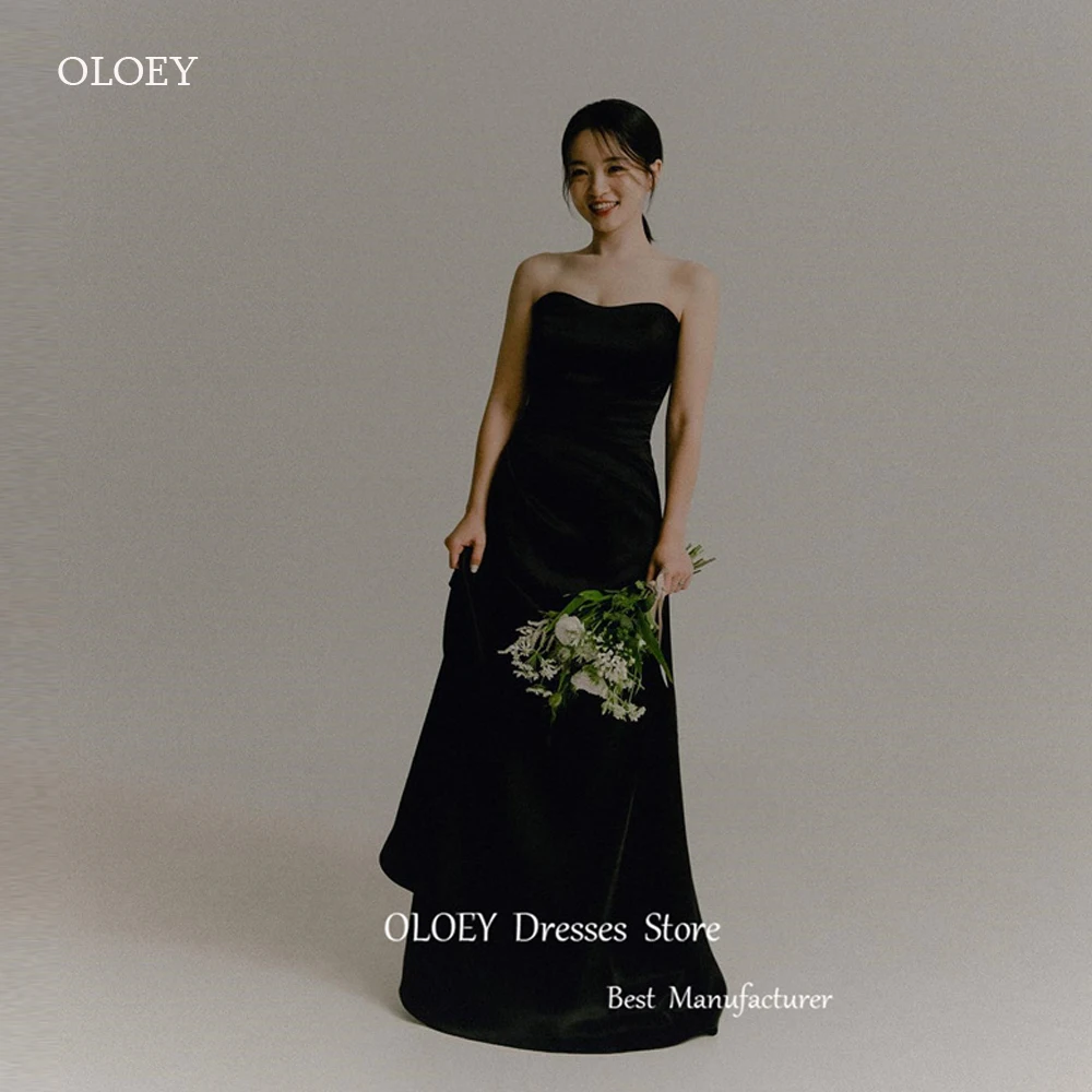 

OLOEY Simple Black Satin Korea Evening Dresses Sweetheart Floor Length Wedding Party Dress Long Night Event Dress Formal Dress
