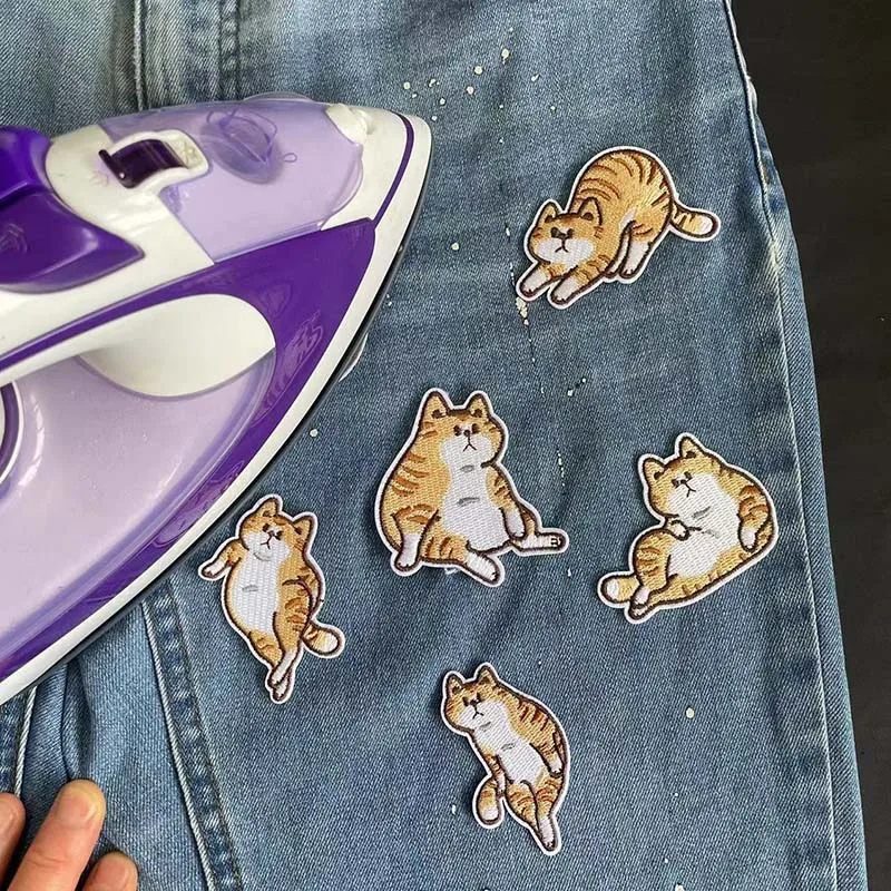 6PCS/Cute Striped Cats Patch Thermocollant, Cloth Stickers Animals Cartoon Fabric Applique Embroidered Iron On Patch for Clothin