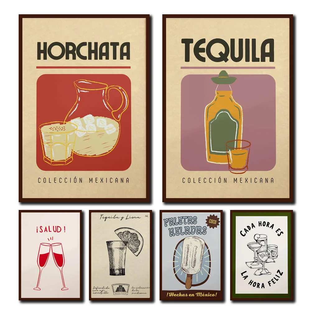 المكسيكي ملصق فني المشروبات والآيس كريم تيكيلا الحد الأدنى خمر الجدار الديكور قماش طباعة ديكورات للحانات المنزل هدية مثالية