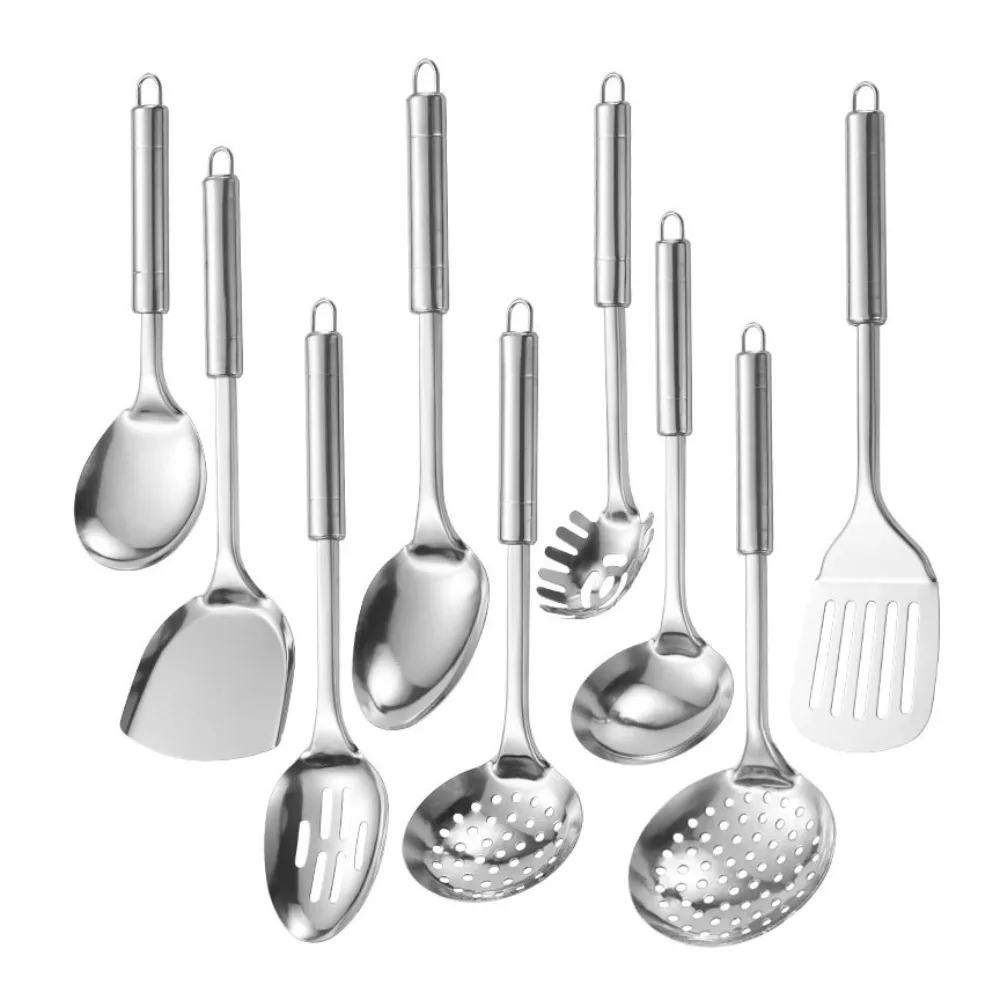 

9Pcs Stainless Steel Kitchen Cooking Utensils Set Long Handle Rust-proof Cooking Spatula Set Durable Shovel Set Restaurant