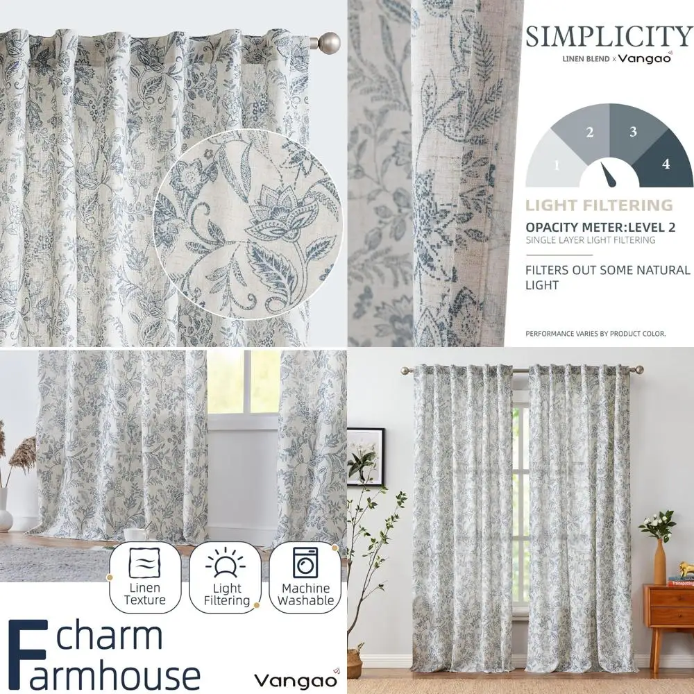 

Винтажные бежевые льняные шторы для фермерского дома с синим цветочным принтом для гостиной и спальни, 84 дюйма