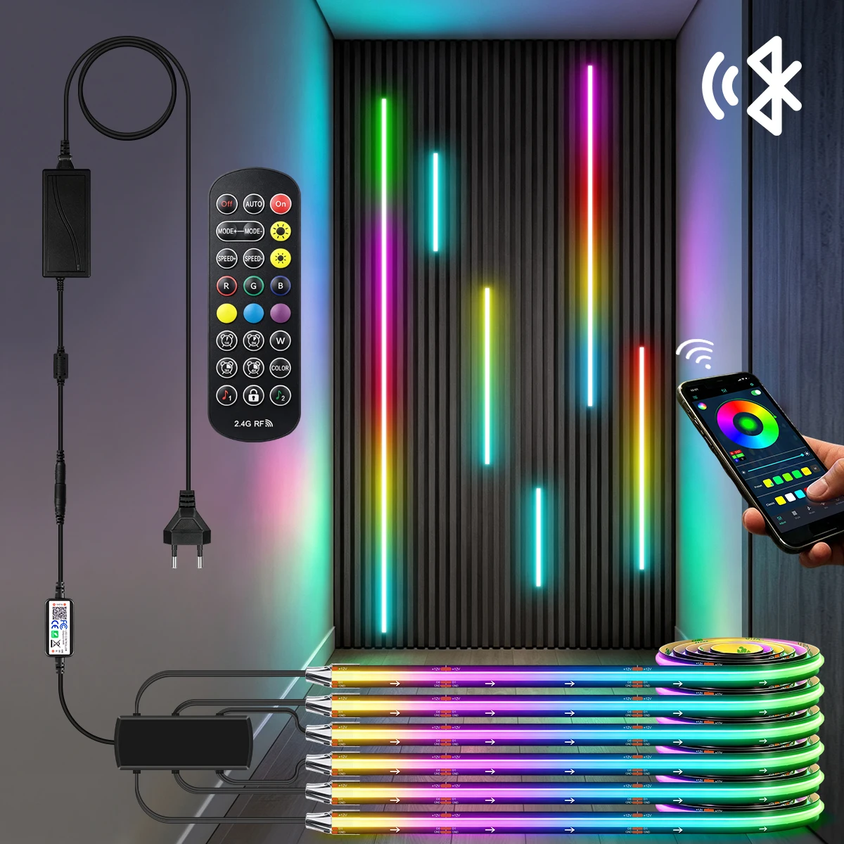 スマートbluetooth対応rgbic-cob-ledストリップライト。音楽に合わせて色が変わる、アコースティックパネル、壁、ゲームルーム、キャビネット、テレビ、クリスマスパーティーの装飾に最適。