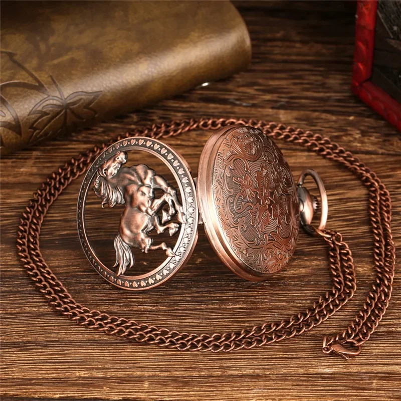 Vintage Style Hollow Animal Horse Design Men Women Quartz Analog Pocket Watch Necklace Pendant Chain Collectable Clock Reloj