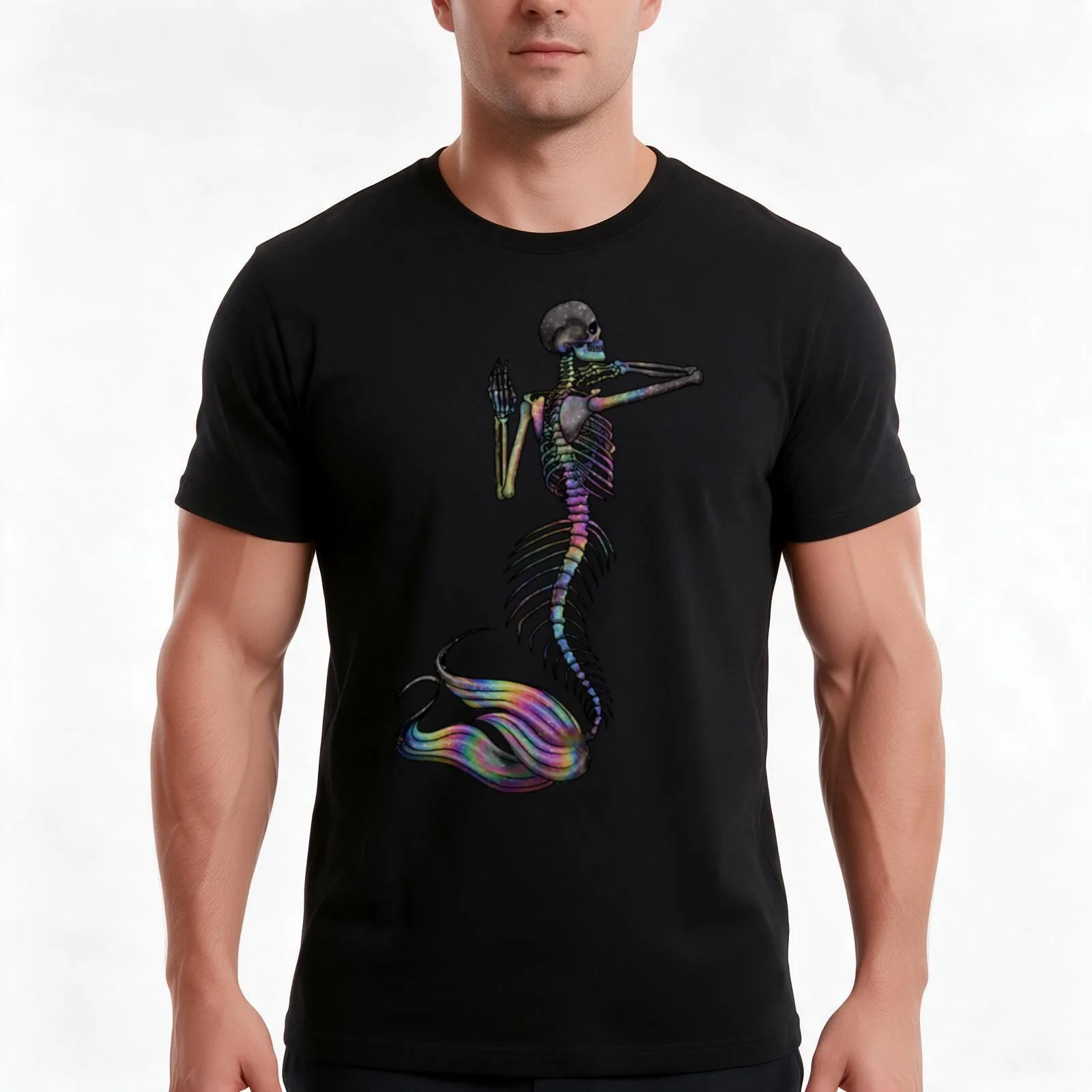 Oil slick Mermaid Skeleton T-Shirt, Summer Casual Cotton Tee, Oversized Streetwear Tops, Vintage Graphic Print, Unisex Men Women