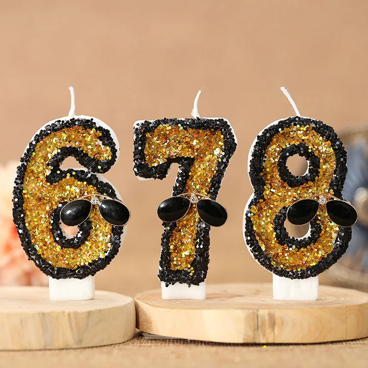 Y Children Birthday Candles 0-9 Number Yellow Sequins Candle with Sunglasses Festive Candle for Anniversary Cake Party Celebrate
