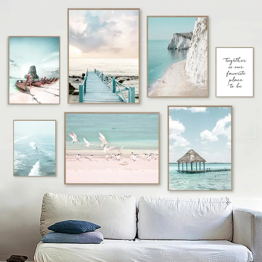 

Seascape Canvas Painting Seagull Wall Pictures Ocean Art Prints Scandinavian Murals Mint Green Posters Living Room Decoration