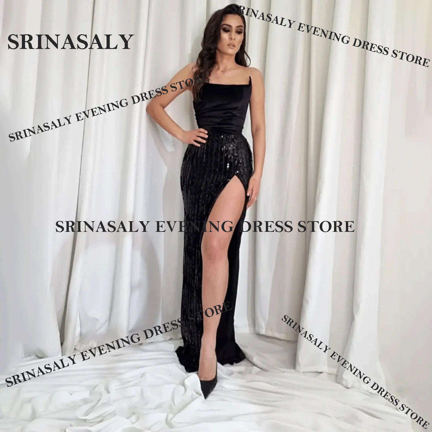 Customized Glitter Strapless Mermaid Prom Dresses Fashion Bateall Pleat Wedding Party Dress Sexy Dubai Floor Length Party Gown