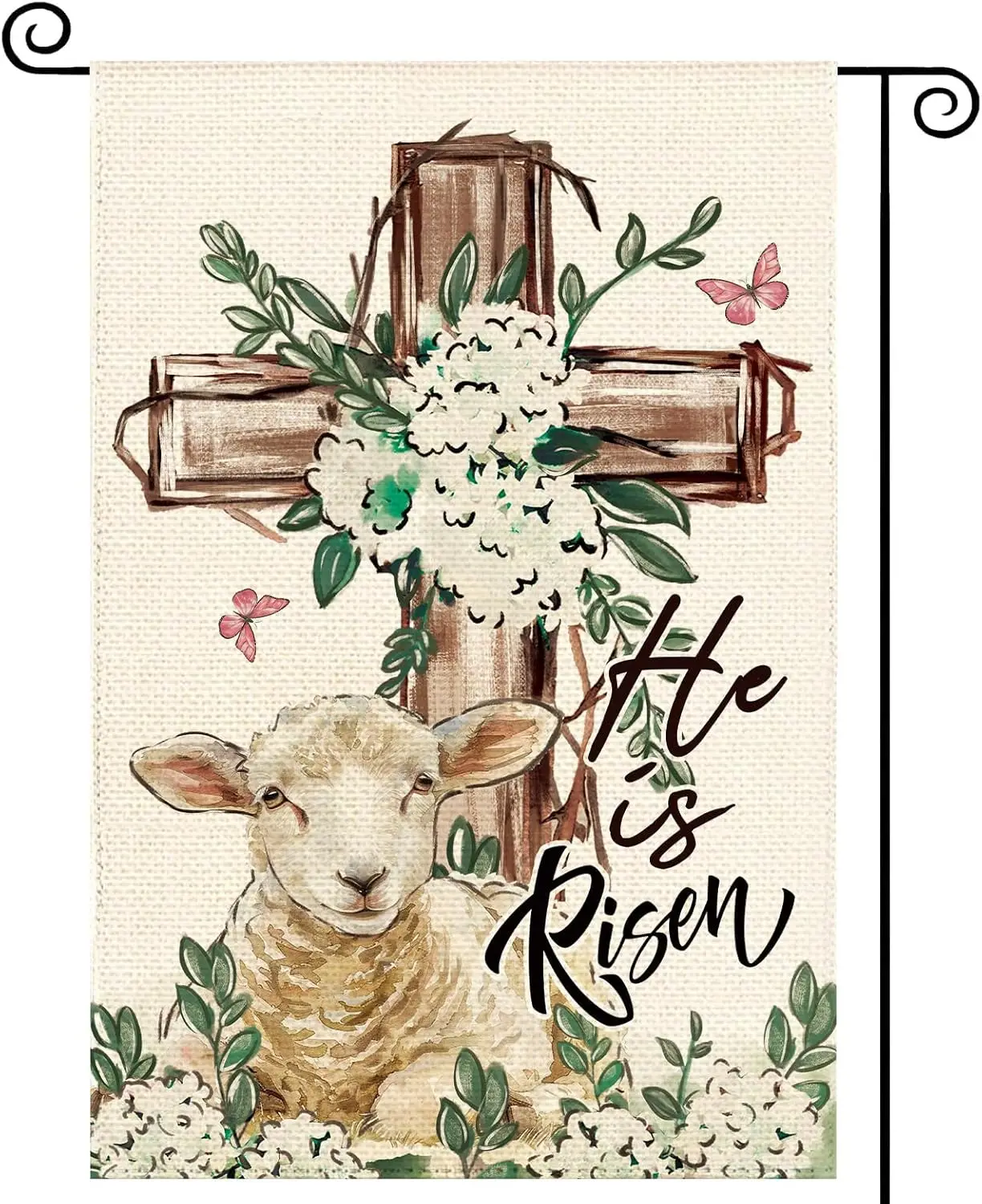 Easter He Is Risen Lamb Welcome Garden Flag 12 x 18 Inch Double Sided, Spring Cross Hydrangeas Flower Burlap Small Yard Flag EEZ