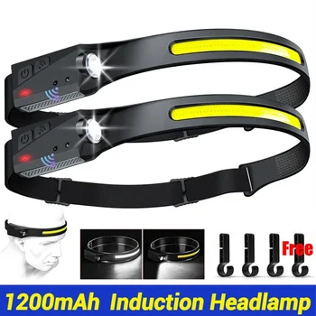USB 충전식 LED 센서 헤드램프, COB 헤드 손전등, 내장 배터리, 야외 캠핑 낚시 랜턴, 5 가지 조명 모드 