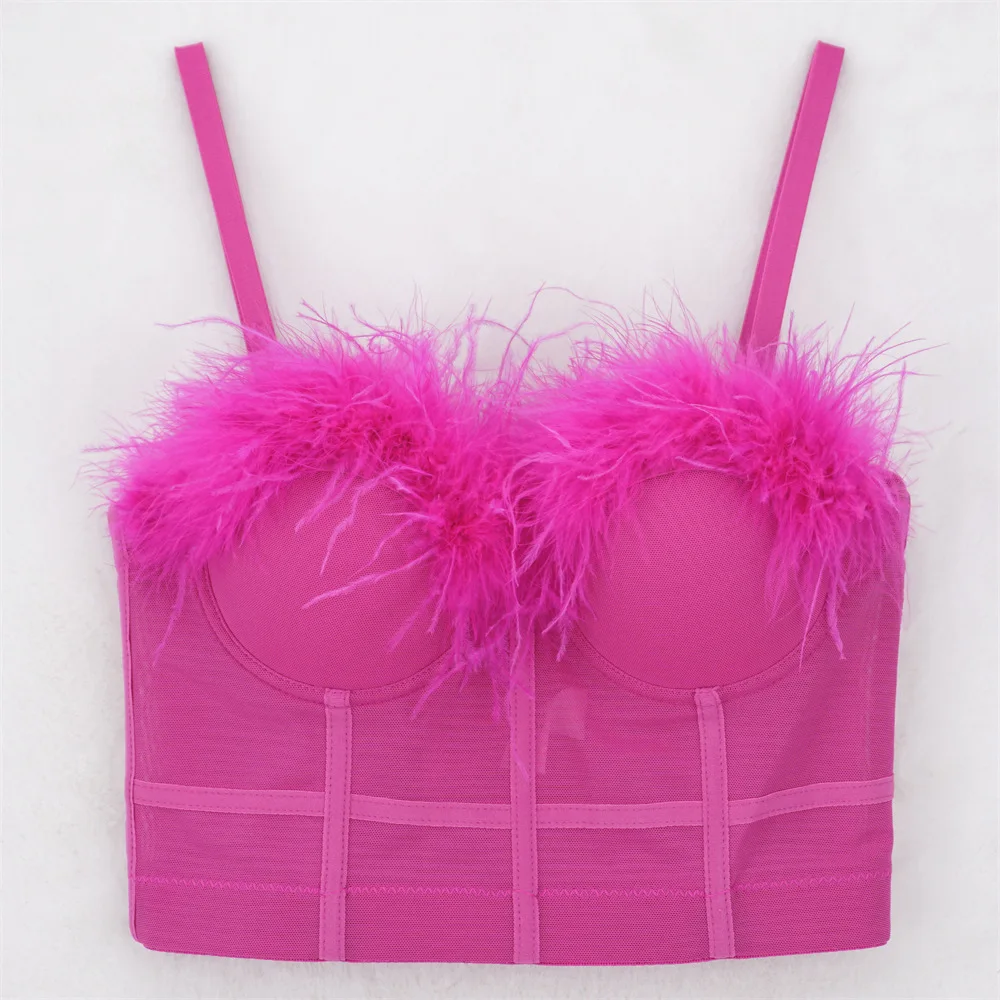 

Fashion Nightclub Sexy Feather Camisole Women's Outer Wear Free Underwear Short Navel Ostrich Top Solid Color Fishbone Bra