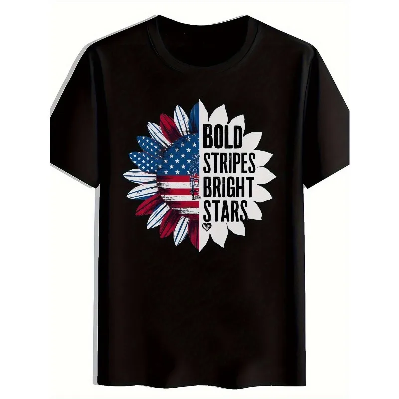 

Patriotic Sunflower American Flag Shirt Women July 4th Bold Stripes Bright Stars Tee USA Independence Day Graphic T-Shirt