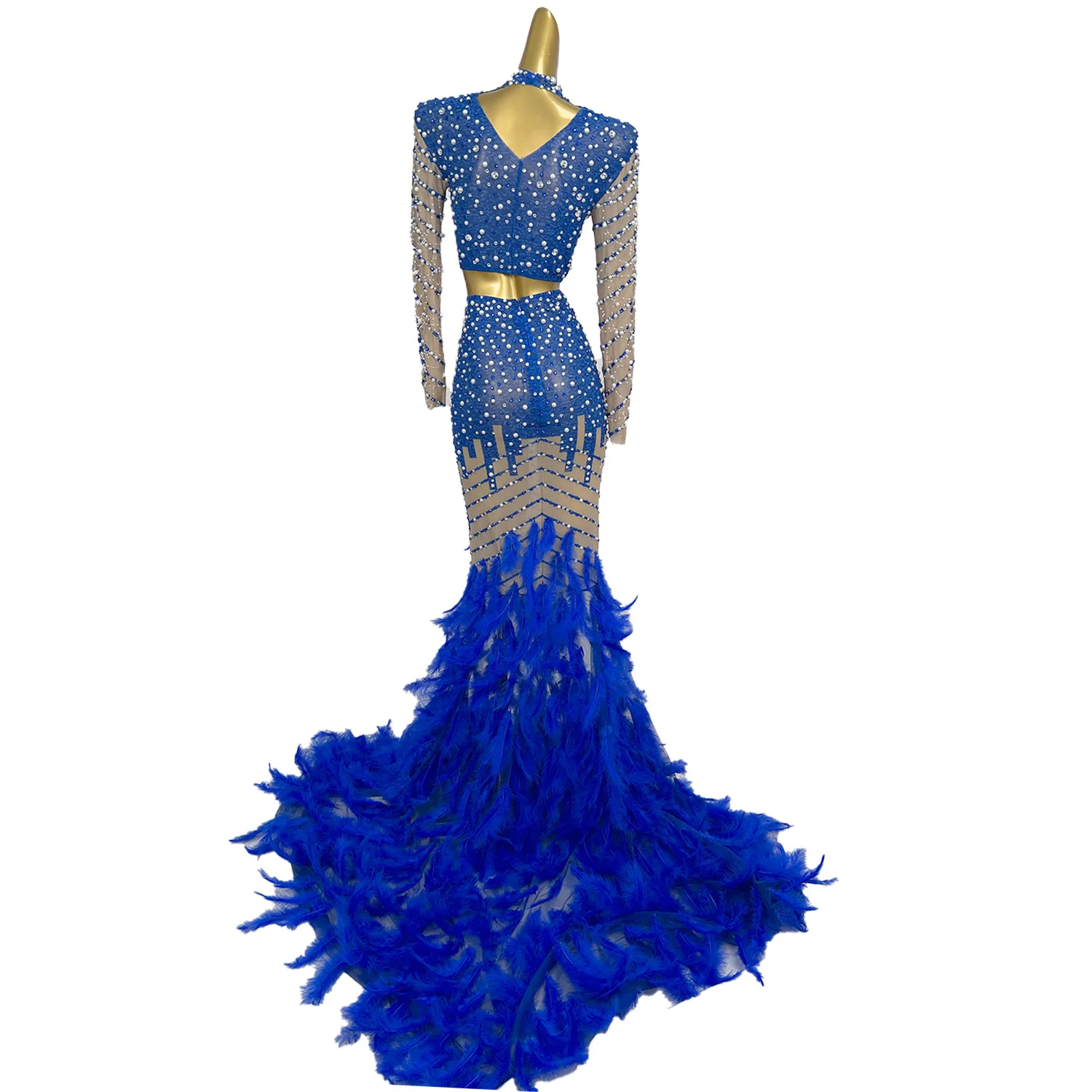 Sexy Nightclub Stones Long Tail Dress Costume Sparkly Pearls Feather Dress Blue Prom Birthday Celebrate Dress Set Fentiyumao