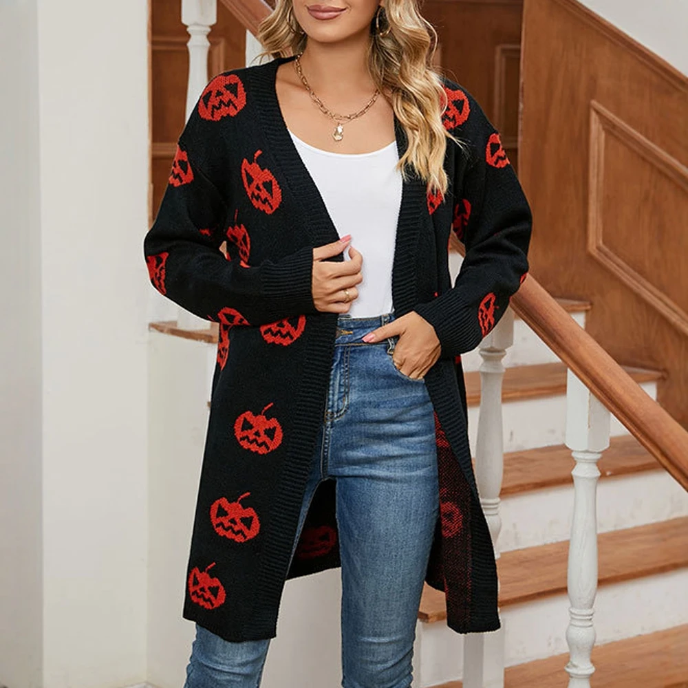 

Mia Muse Select Autumn Sweaters 2025 Women's Casual Halloween Pumpkins Printing Long Sleeve Open Front Party Sweaters