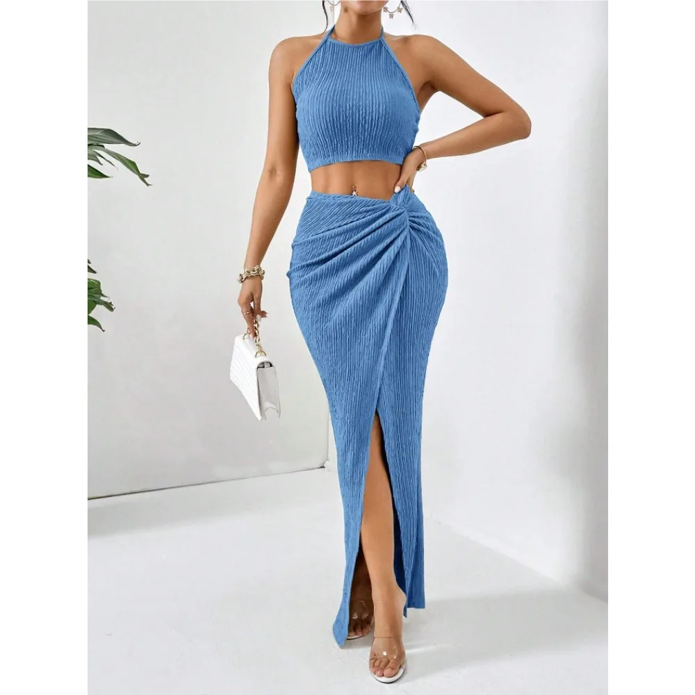 

Spring Summer Casual Vests Elegant Long Dress Suit Solid Color Sleeveless Waistcoat Tight Slit Skirt 2 Piece Sets Women Outfit