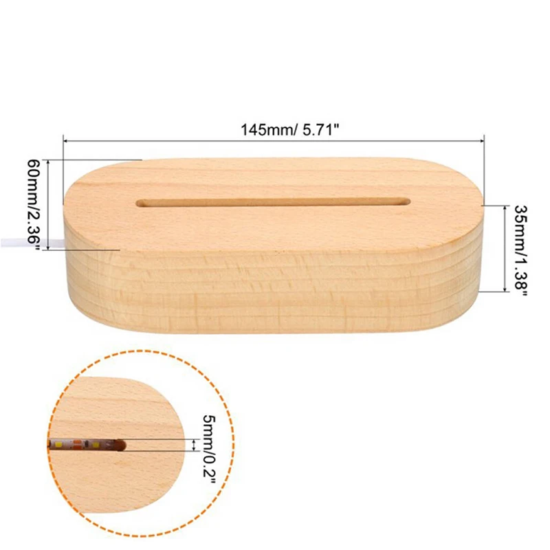 USB Powered 5mm Wooden Led Base with Warm White Cold RGB Colored Lights for 3D Acrylic Plexiglass Night Lamps
