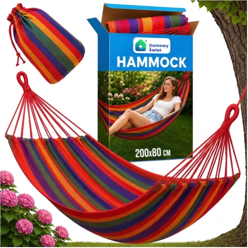 Einzelhängematte Rot Baumwolle Polyester 200x80 cm Hängende Gartenschaukel Liege Outdoor Camping Garten Terrasse Balkon Maschinenwaschbar Tragbare Erwachsenen-Hängematte mit Tragetasche 200 kg