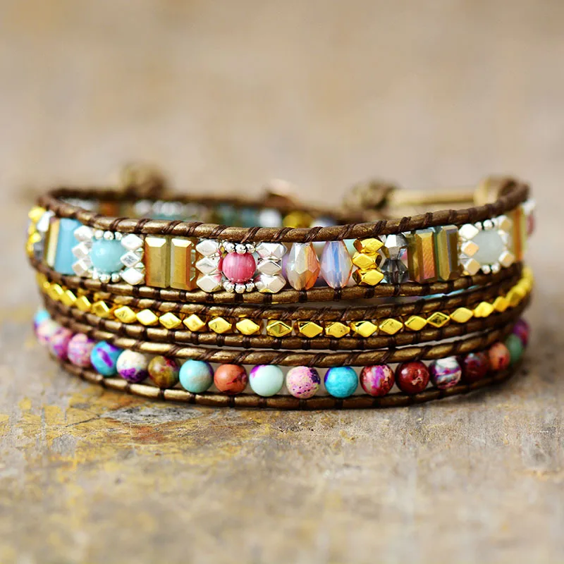 

Kaseakia Boho Bohemian 3 Layer Natural Stone Bead Handmade Woven Leather Wrapped beads beaded Bracelet for Women Fashion Jewelry