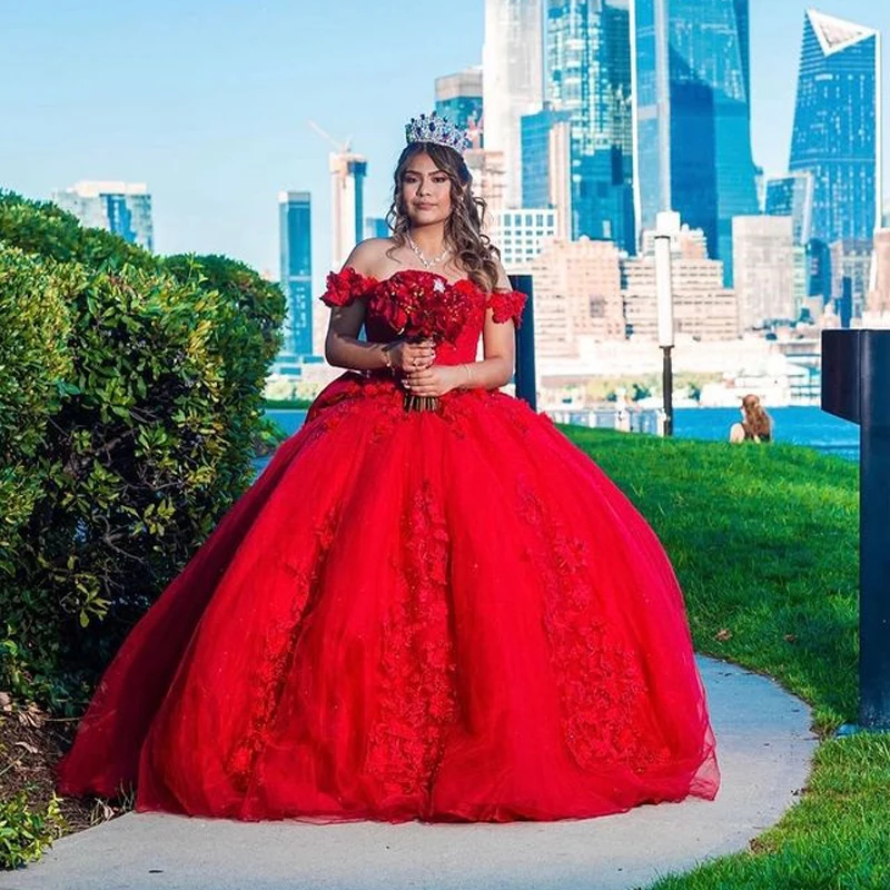 Iridescente Red Ball Gown Vestidos Quinceanera Com Apliques 3D Sexy Lantejoulas Big Bow Princesa Festa Formal Vestidos De 15 Anos