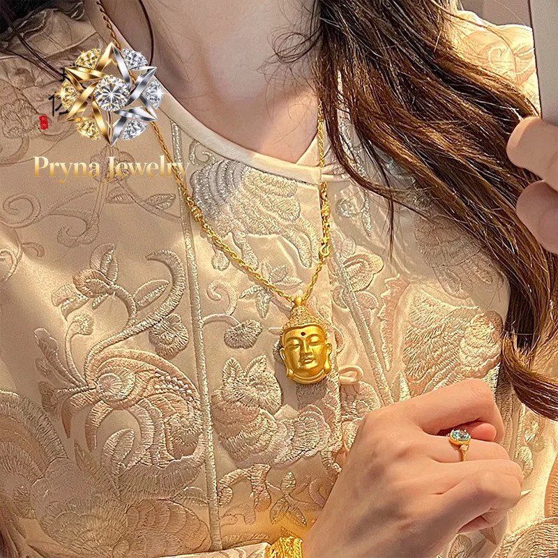 Pryna Jewelry   gold Store 9999 24K real gold diy Diamond-encrusted Buddha Head Pendant Necklace Buddha Light Luxury Jewelry