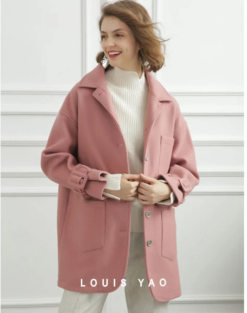 LOUIS YAO 2024 Small Collar Single Breasted Double Pocket Coat Loose Fitting Coat with Drop Shoulder Elegant Women\'s Woolen Coat