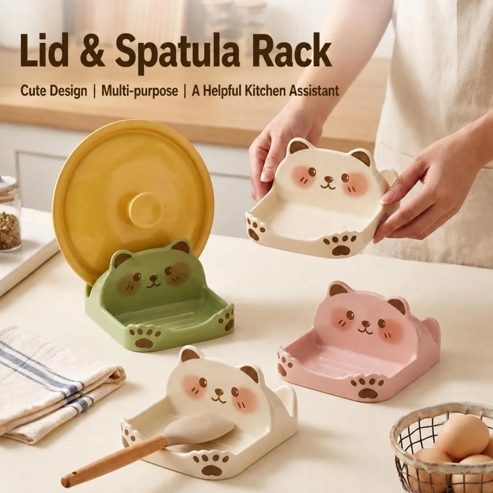 Durable ABS Lid Holder Non-Slip Bear Shape Design Countertop Spatula Rack Creative Countertop Mount Pot Lid Rack Kitchen Counter