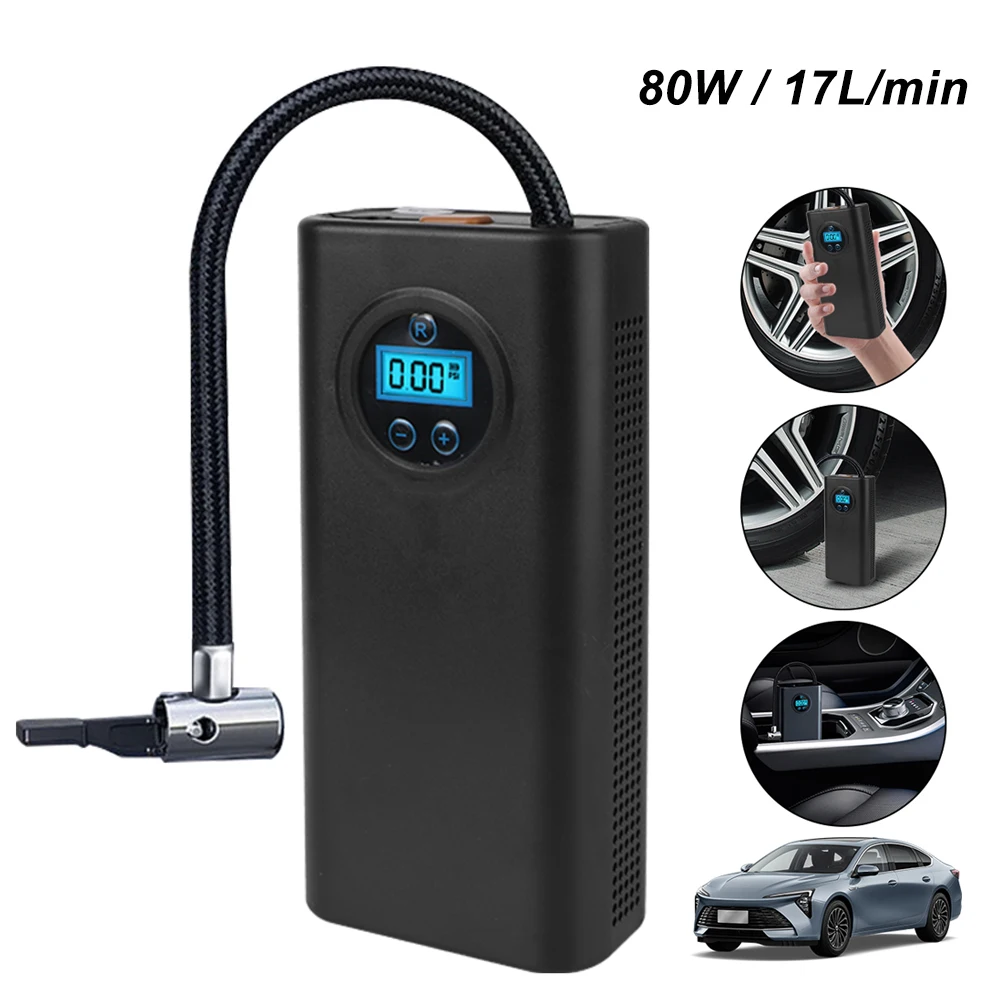 80W Digital Electric Air Pump 17L/min Car Inflator Pillows Tyre Air Compressor Tire Inflation Bicycle Motorcycle Accessories