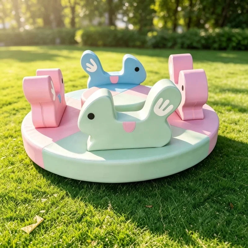 Cute White Pastel Indoor/Outdoor Playground Equipment Kid's Animal Ride Spin Merry Go Round Soft Play for Mall Party Event Hire