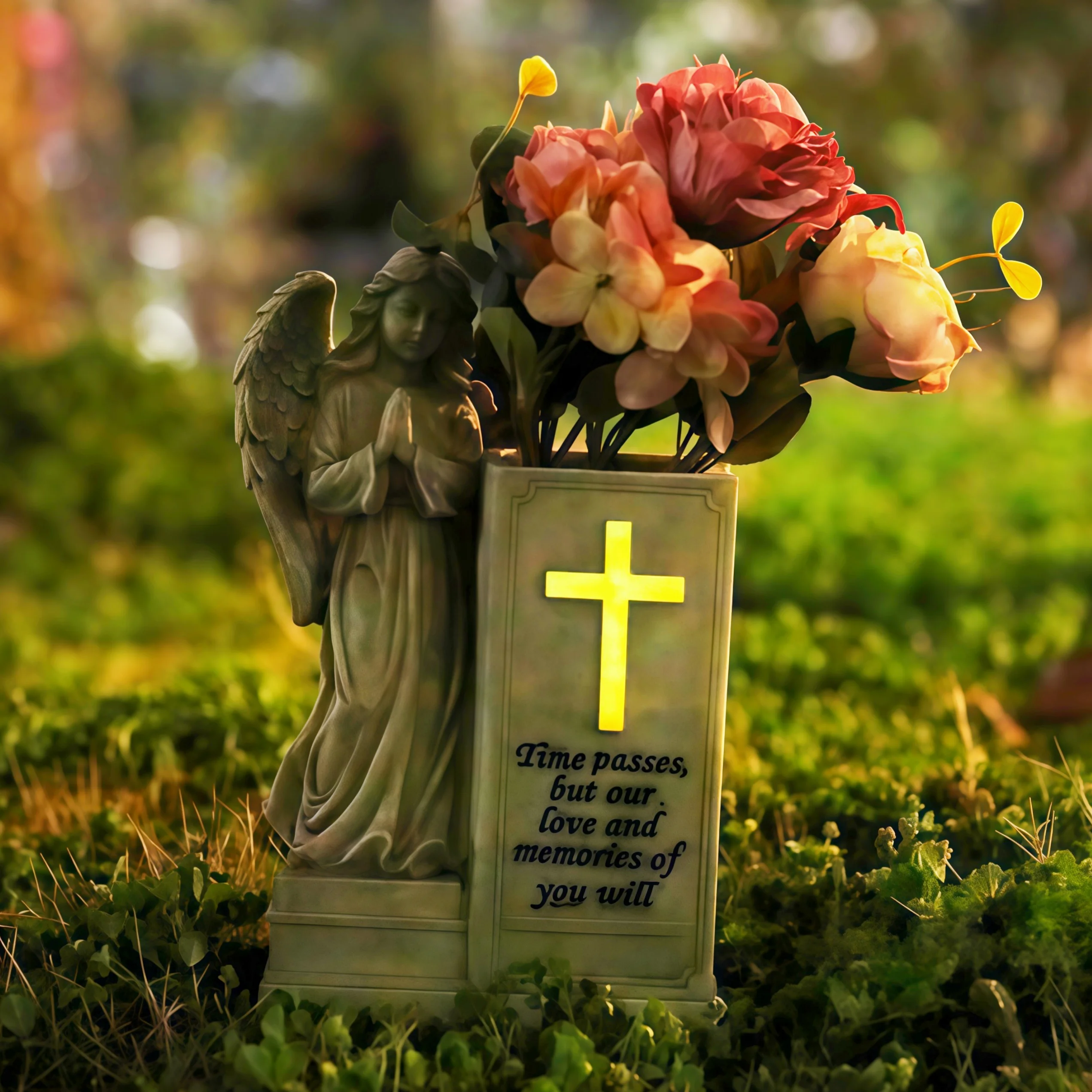 Outdoor Garden Angel Statue, Cemetery Garden Angel Statue, Praying Angel Garden Stake Sculpture, Garden Prayer Angel Book Vase Fluorescent Cross Decorative Floor Ornament, for Pathway Yard Home Decor