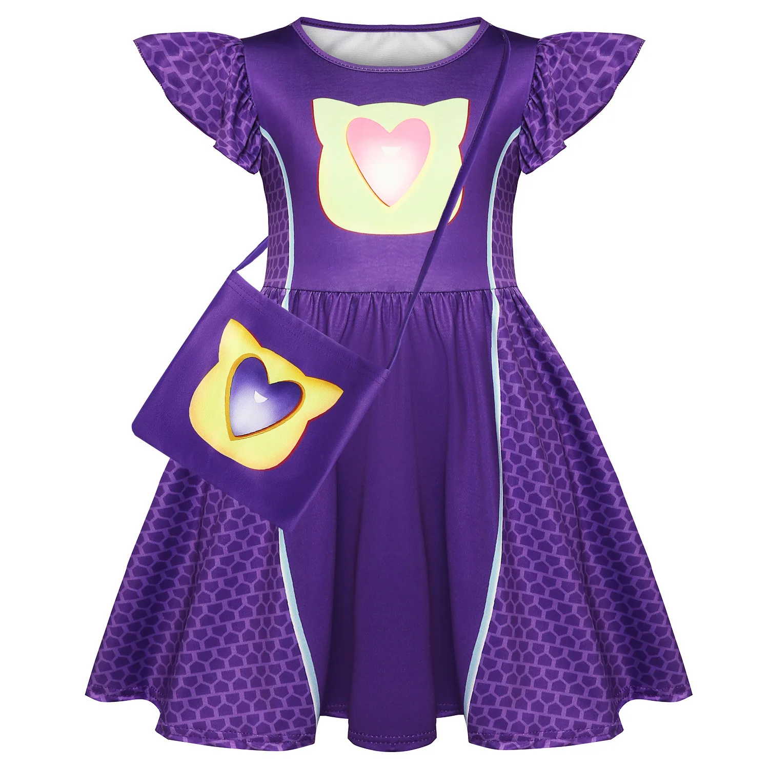 Robe trapèze à manches volantes avec sac et bande de sauna pour enfants, robes de cosplay pour filles, costume de super chatons souriants