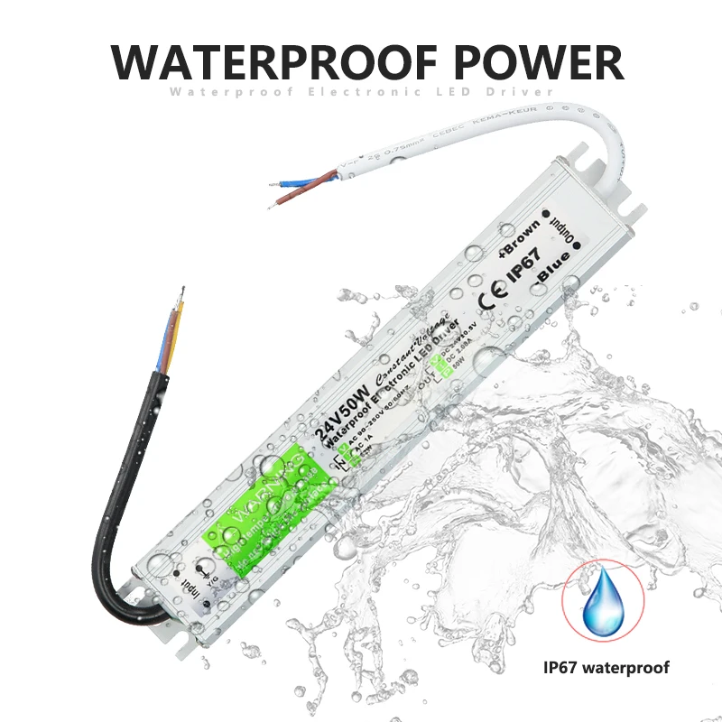 90-250V AC to DC 24V 50W 2.08A Lighting Transformer LED Drive Adapter Aluminum IP67 Outdoor Waterproof Switching Power Supply