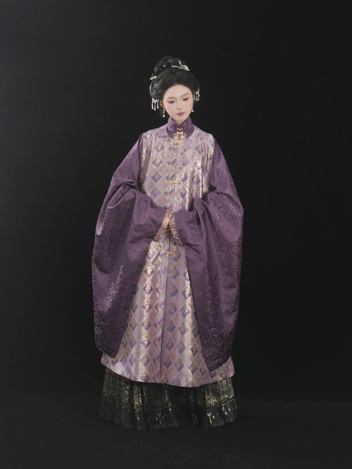 

Nanan Taste Original Weaving Gold Embroidery Satin Ming Dynas Hanfu round Ne Long T irt Stand Collar Button up Wo...