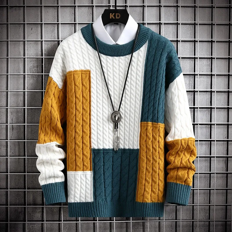 

Men Harajuku Sweater Fashion Knitted Hip Hop Streetwear Color Matching Pullover Oversized Casual O-Neck Men Vintage Sweaters