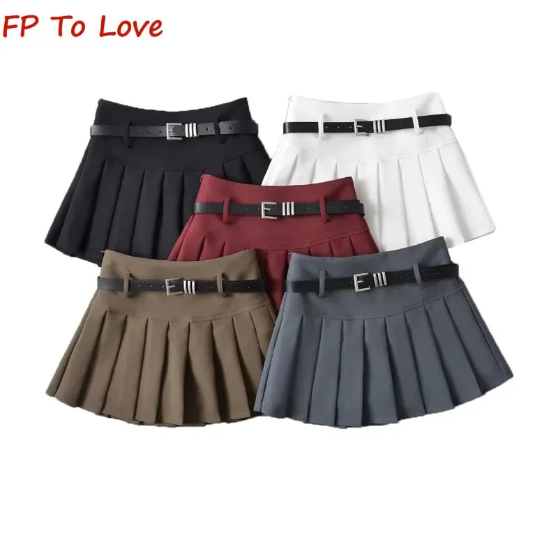 

Y2K Spice Girls High Waisted Anti-Shine Spice Girls Short Skirt Belt Trim Sexy A-Line Mini Pleated Skirt