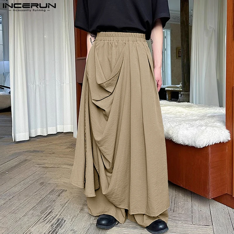 

Men Irregular Pants Solid Color Pleated Loose Skirts Trousers Men Streetwear Elastic Waist Fashion Casual Men Bottoms INCERUN