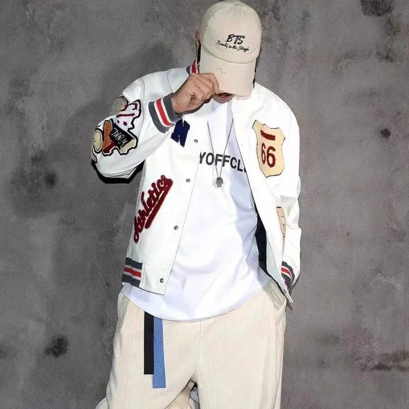 Multi-letter Embroidery White Baseball Uniform Men's Explosive Style Baseball Uniform Retro Leather Jacket Heavy Industry Coat